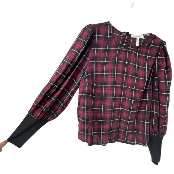 BCBGeneration Red Plaid Balloon Sleeve Blouse Womens Size Small Dark Academia - Picture 3 of 7
